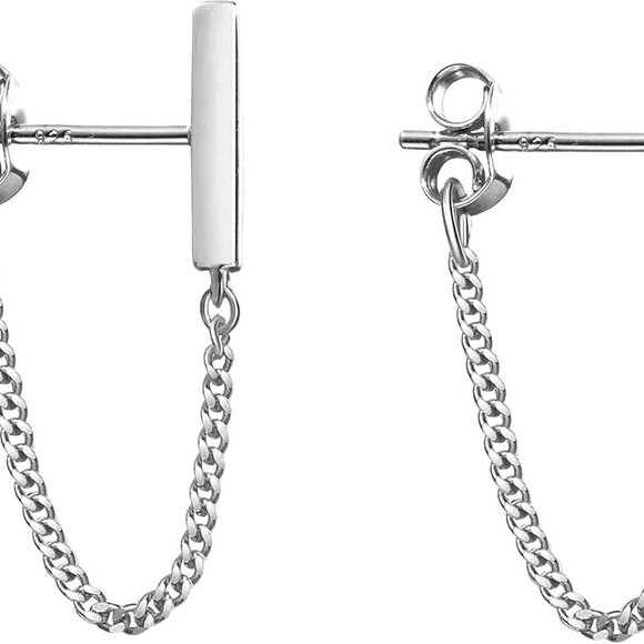 Solid 925 Sterling Silver Stud Earrings Minimalist Bar Earrings with Chain Dangl - Picture 1 of 7